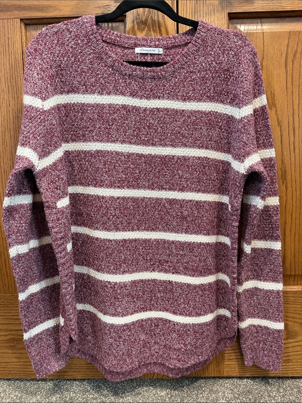 Staccato Women's Rose Maroon & White Striped Crewneck Sweater